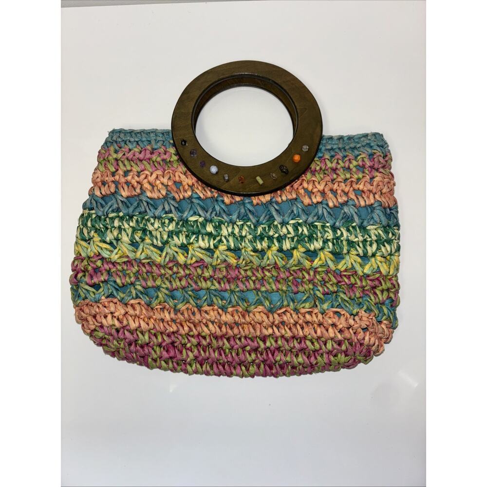 Cappelli Straworld Multicolor Woven Straw Handbag Wood Ring‎ Handle Boho Tote